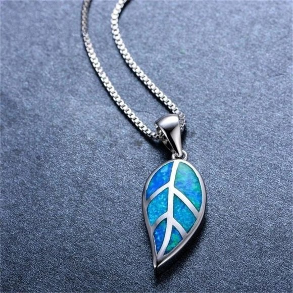 Jewelry - Blue Opal Leaf Silver Necklace & Chain
